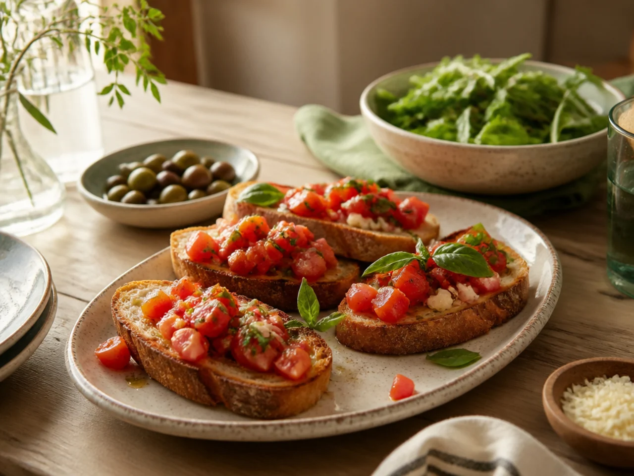 bruschetta served family-style on a cozy table