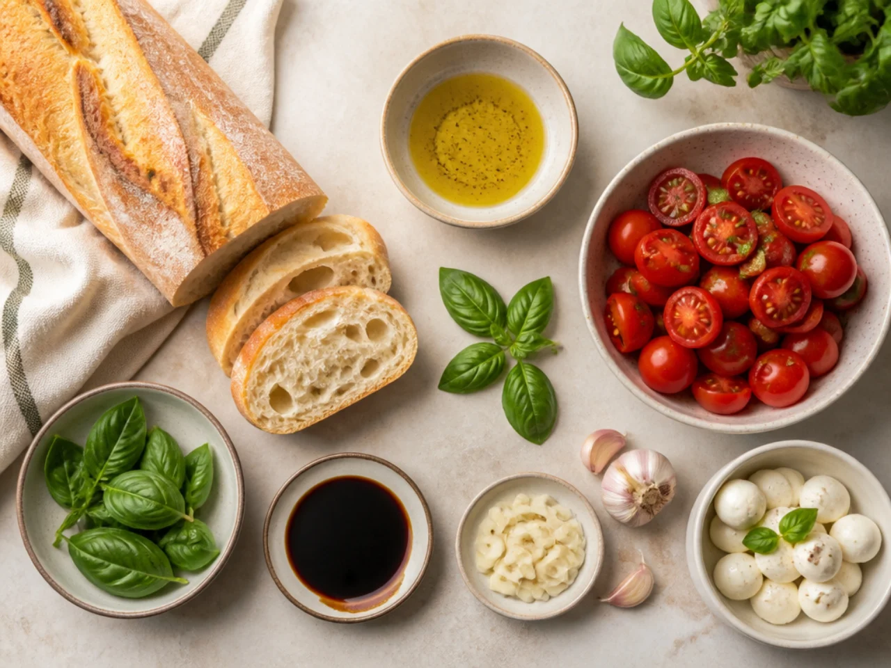 Fresh ingredients for bruschetta arranged in bowls