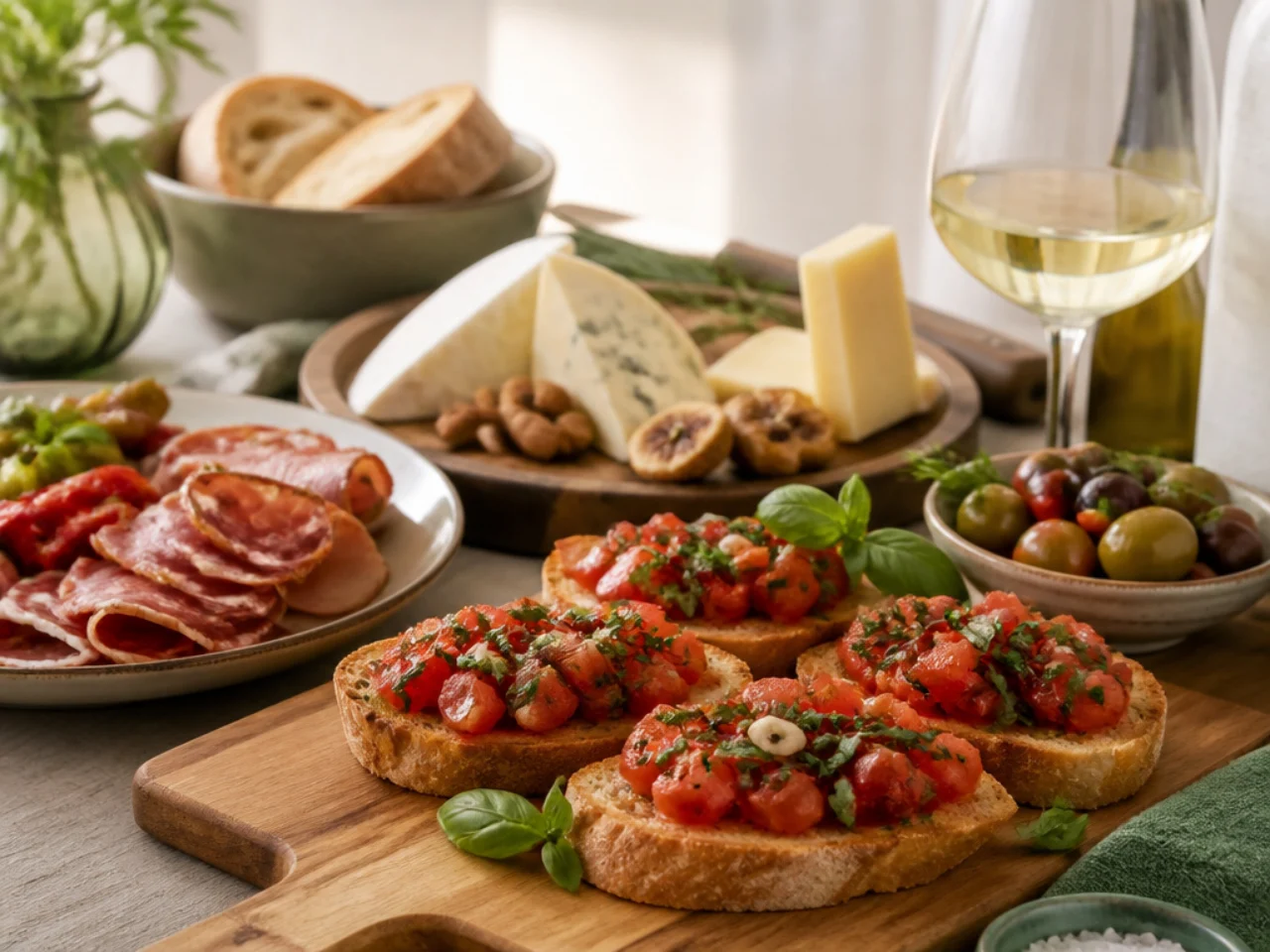bruschetta served with a cheese board, marinated olives, antipasto and chilled white wine