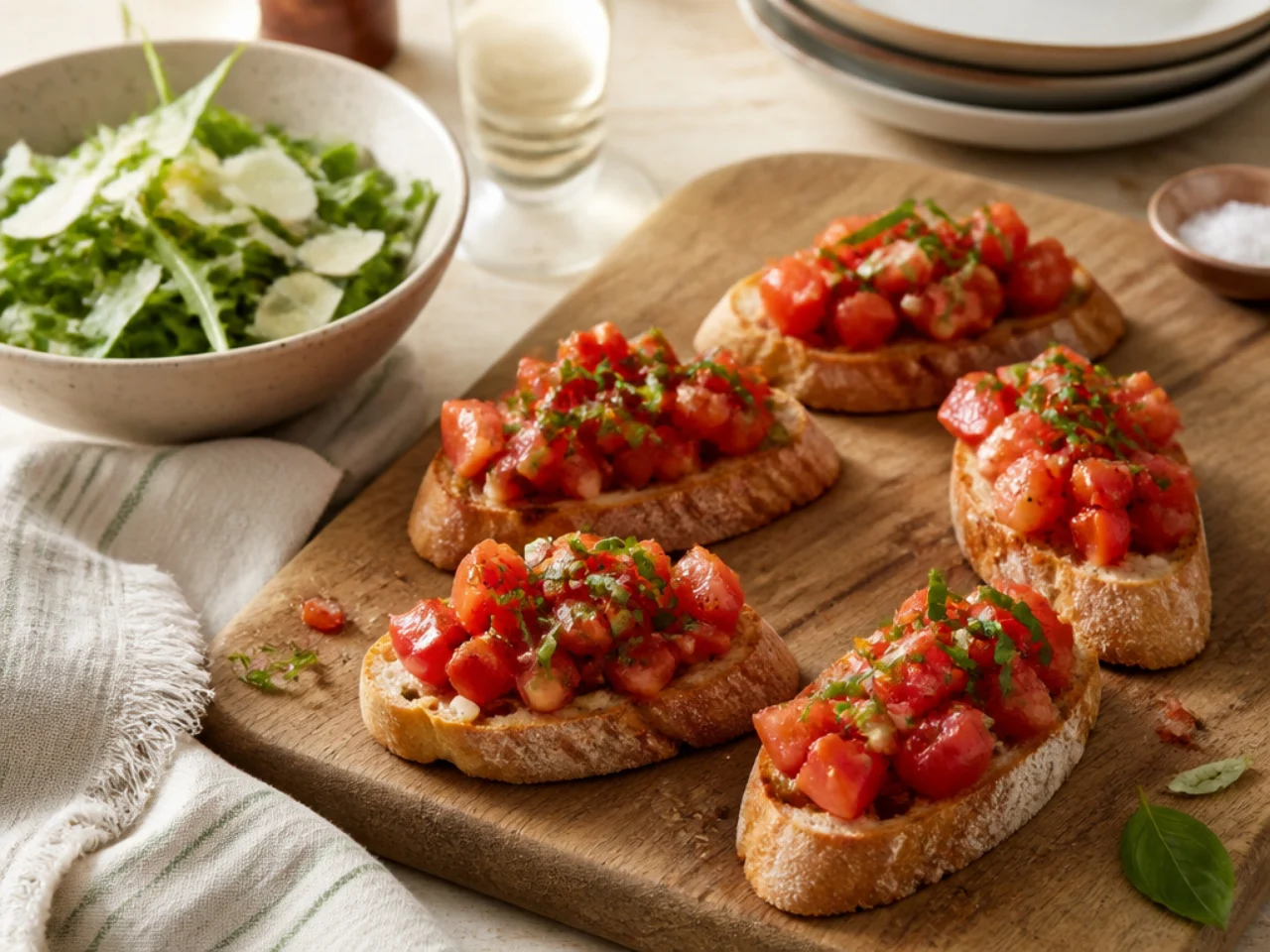bruschetta served family-style on a cozy table