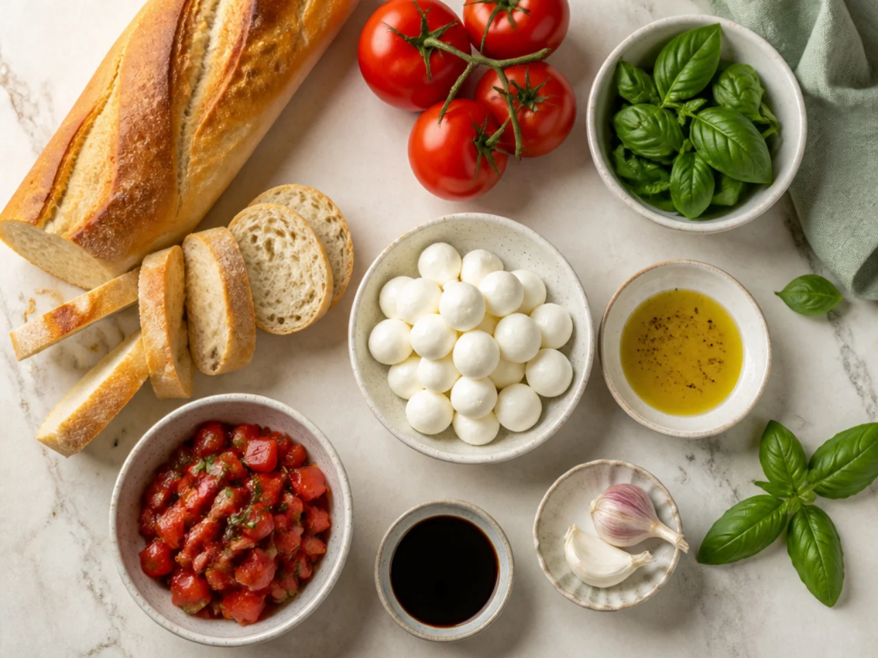 Fresh ingredients for bruschetta arranged in bowls