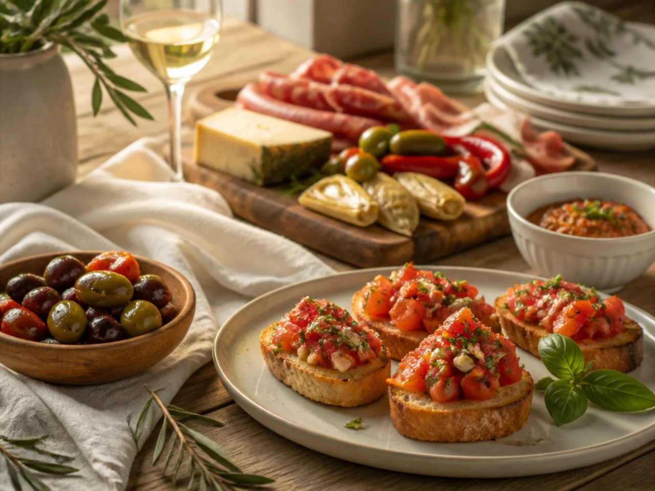bruschetta served with a cheese board, marinated olives, antipasto and chilled white wine