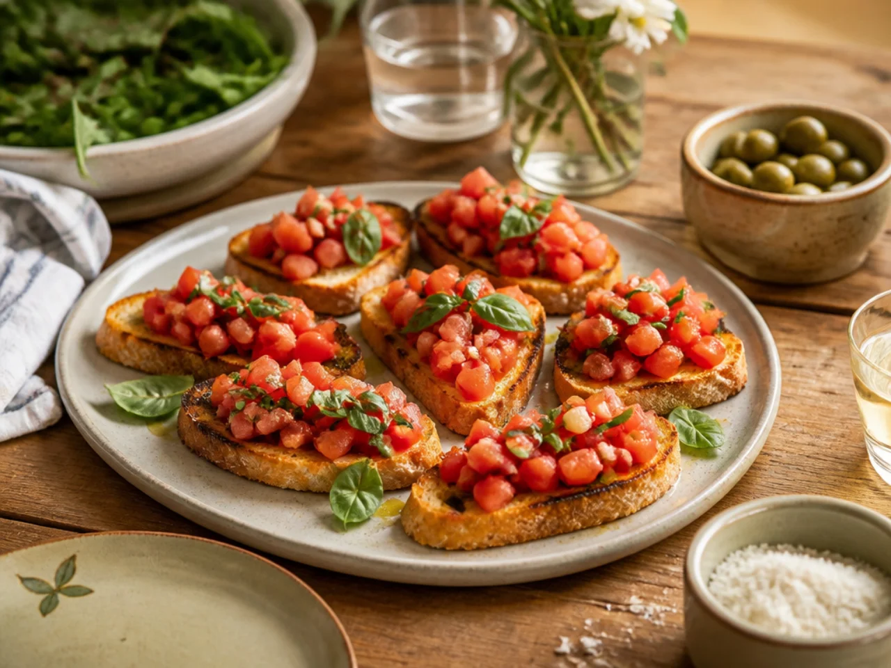 bruschetta served family-style on a cozy table