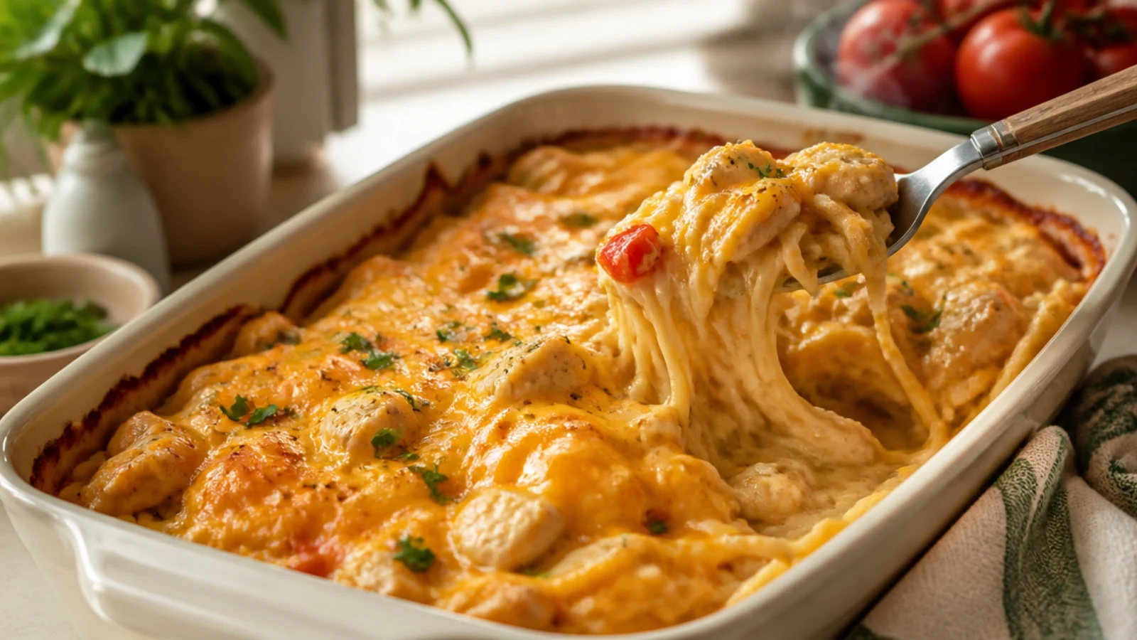 Cheesy Chicken Spaghetti Bakes to Devour — chicken spaghetti plated and ready to serve