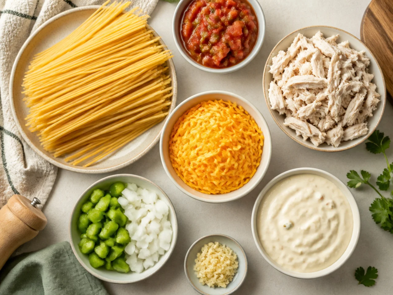 Fresh ingredients for chicken spaghetti arranged in bowls