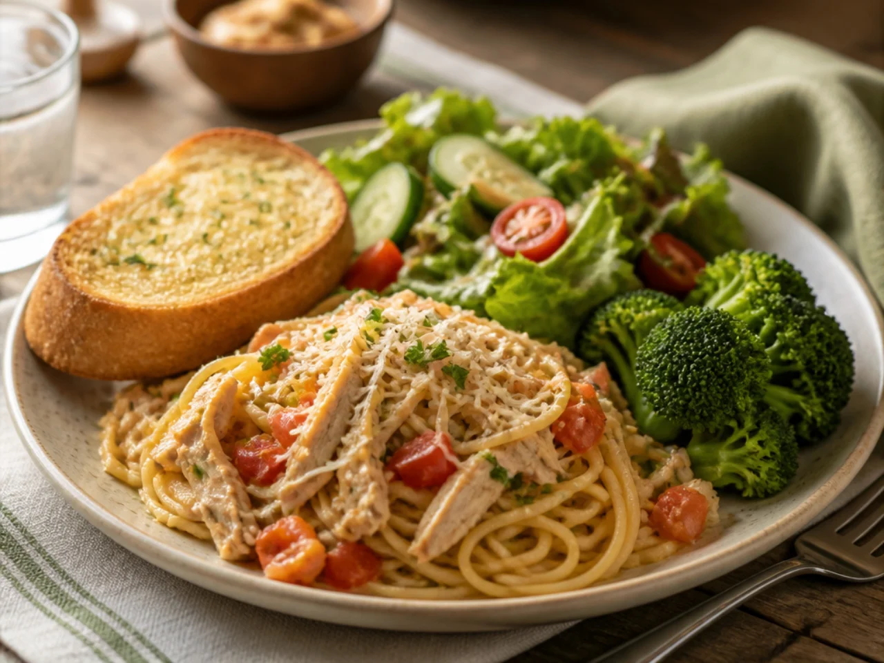chicken spaghetti served with warm garlic bread, a green salad and steamed broccoli