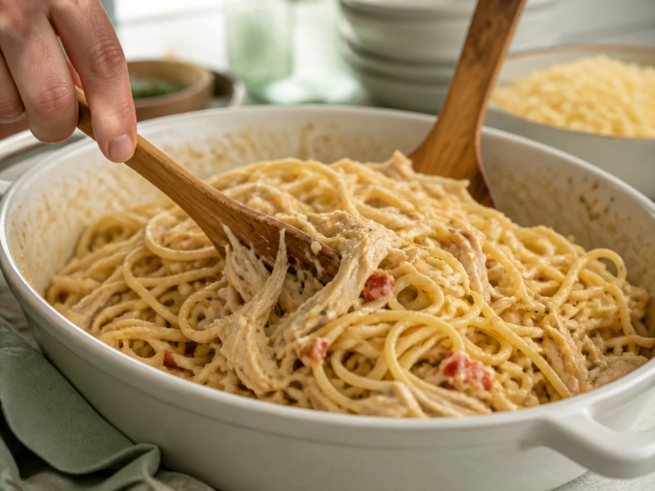 Step-by-step process shot for chicken spaghetti