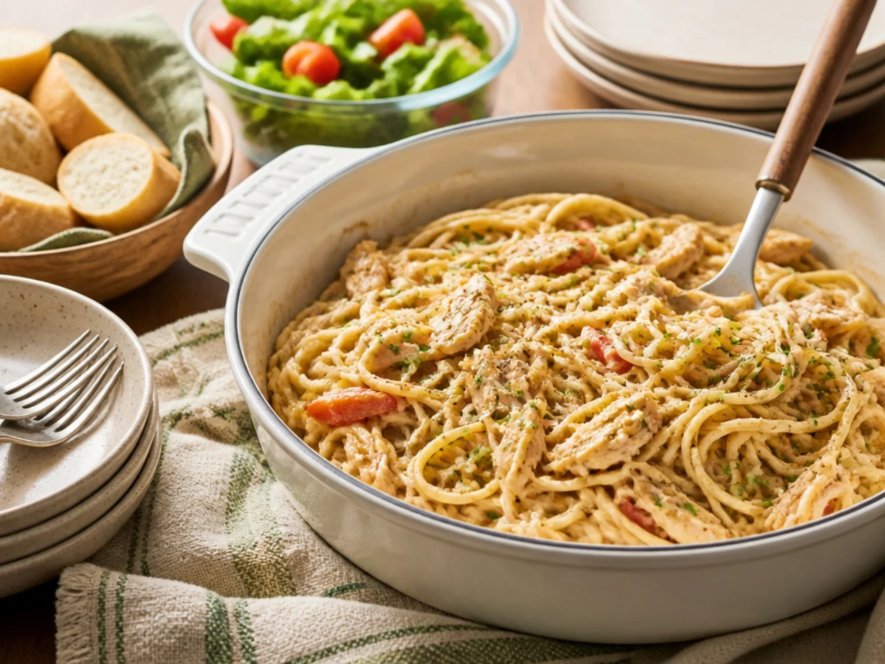 chicken spaghetti served family-style on a cozy table
