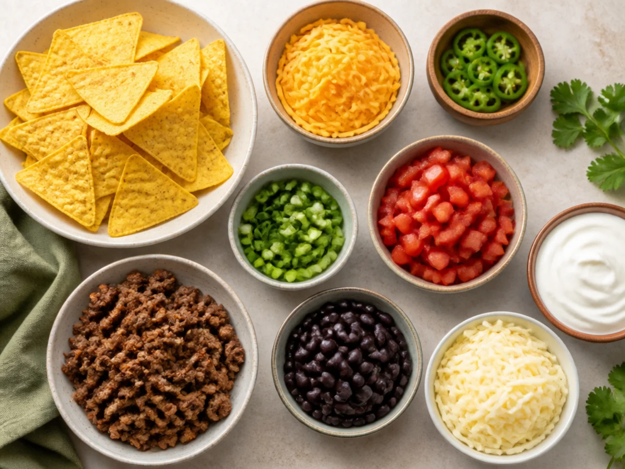 Fresh ingredients for nachos arranged in bowls