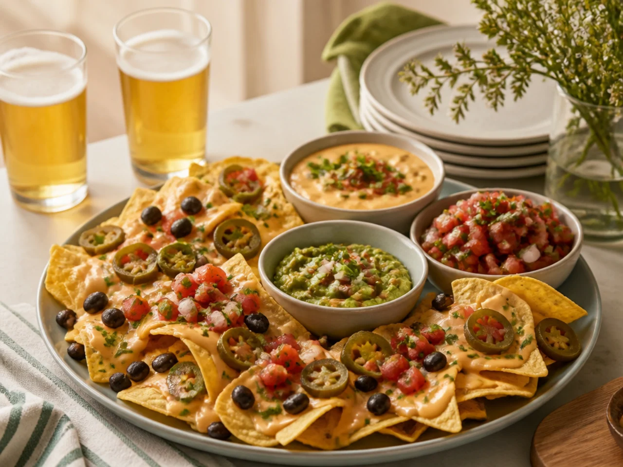 nachos served with fresh salsa, warm queso, guacamole and ice-cold drinks