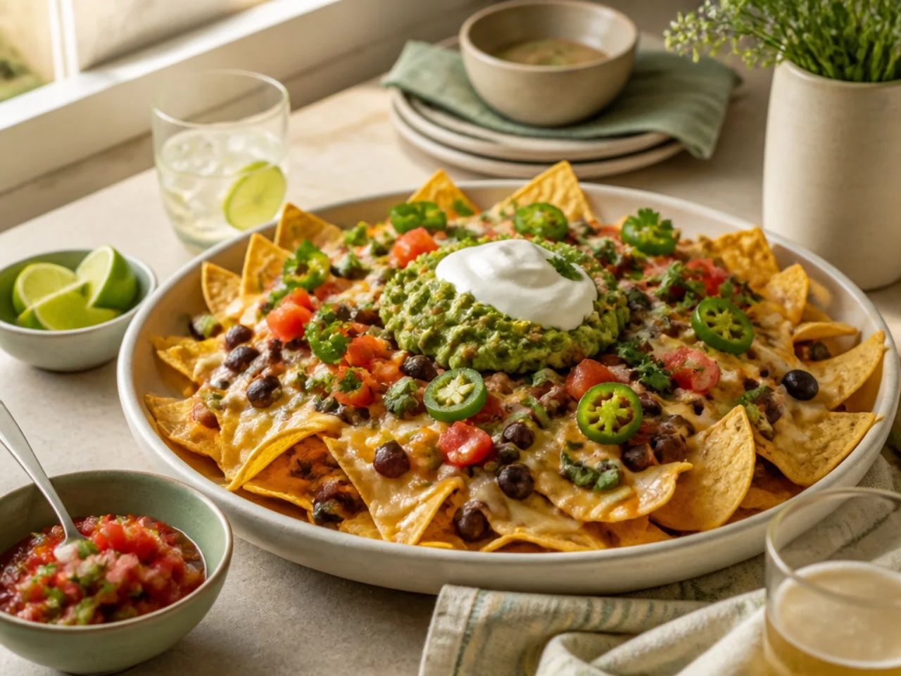nachos served family-style on a cozy table