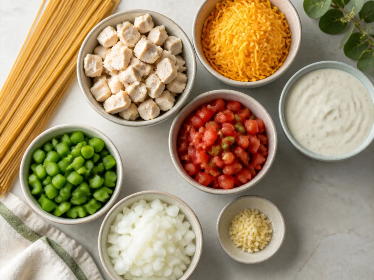 Fresh ingredients for chicken spaghetti arranged in bowls