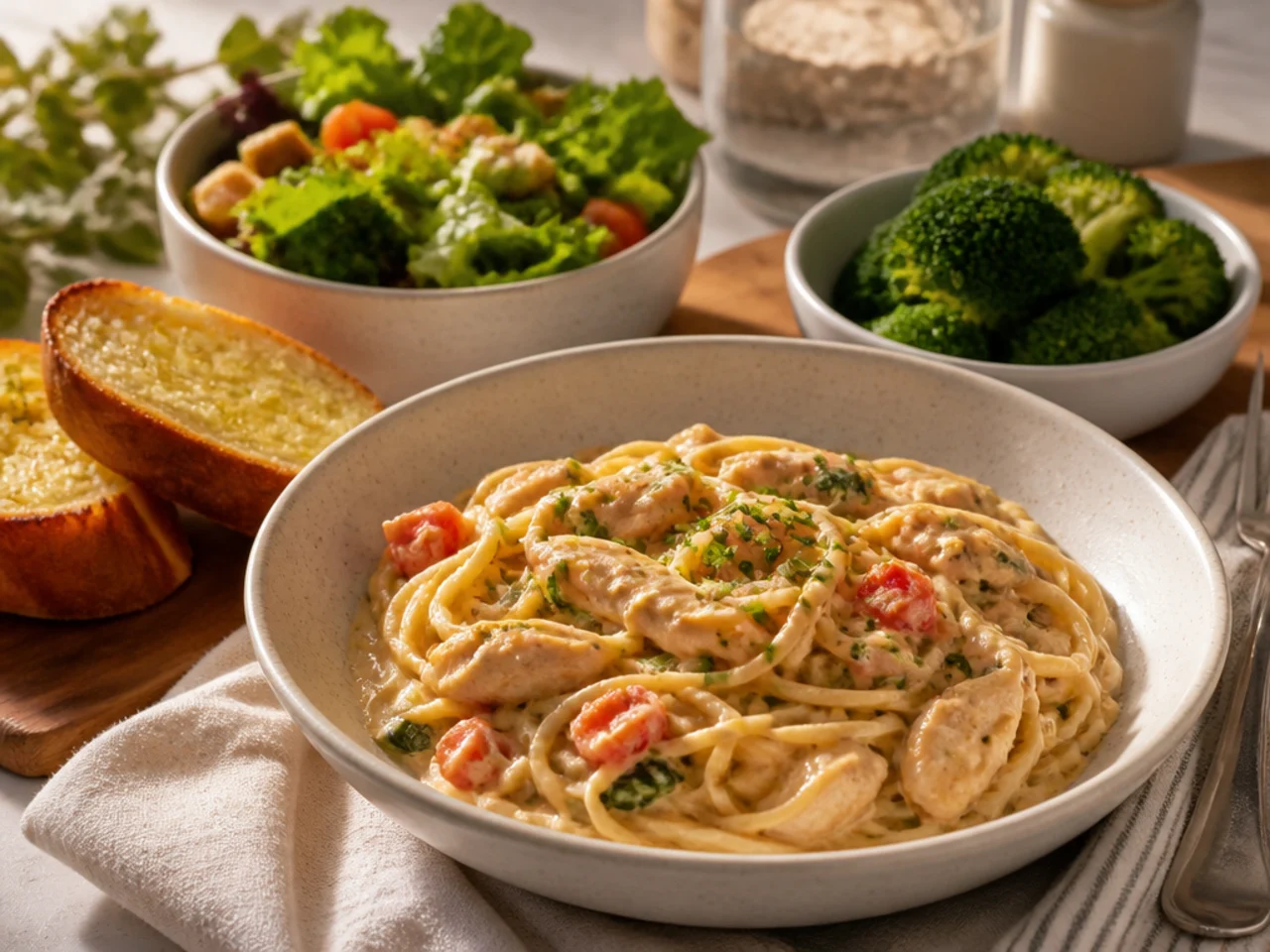 chicken spaghetti served with warm garlic bread, a green salad and steamed broccoli