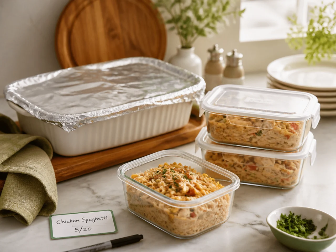 Make-ahead storage of chicken spaghetti in containers