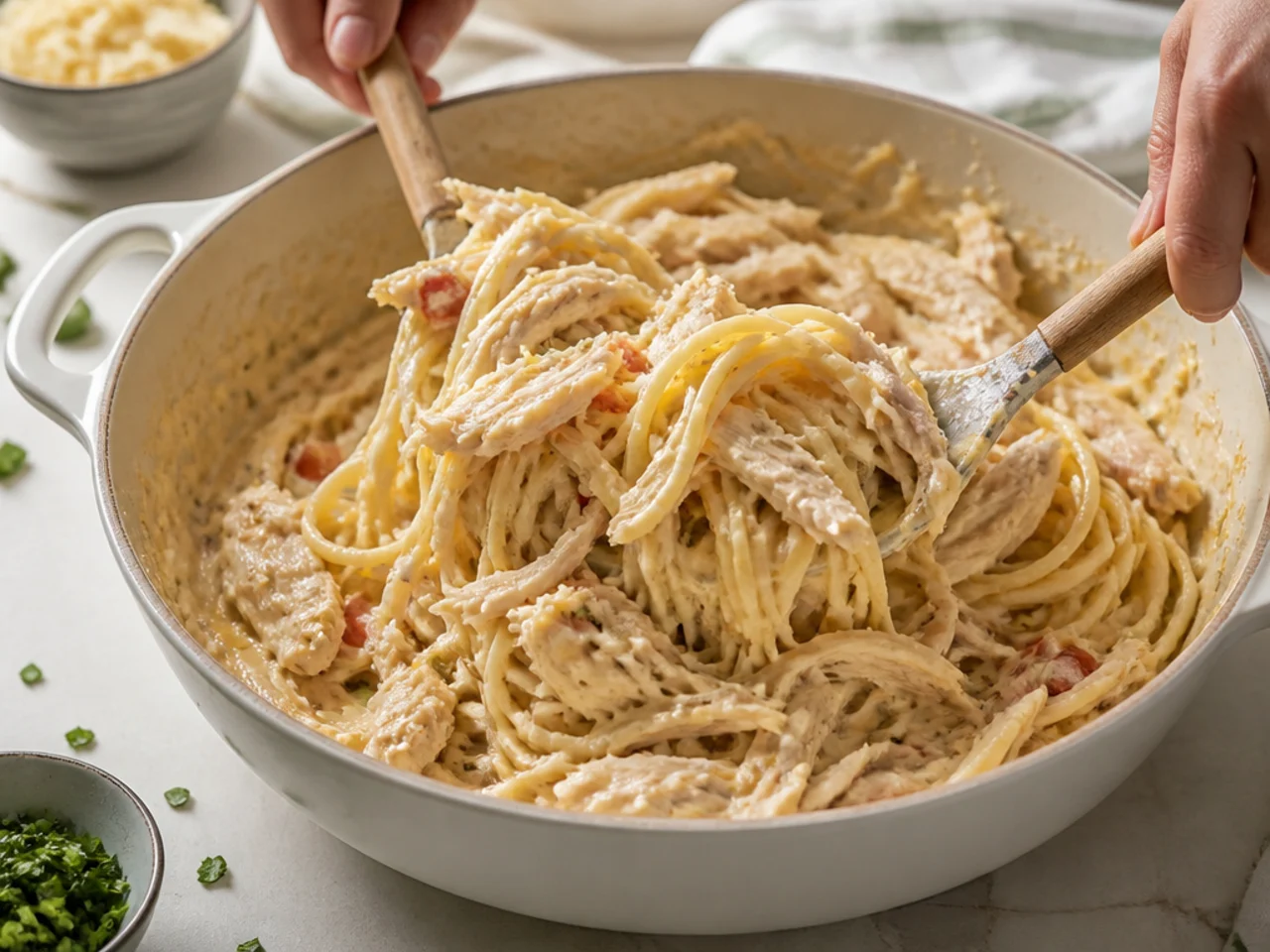 Step-by-step process shot for chicken spaghetti