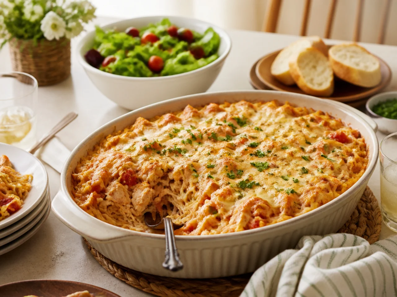 chicken spaghetti served family-style on a cozy table