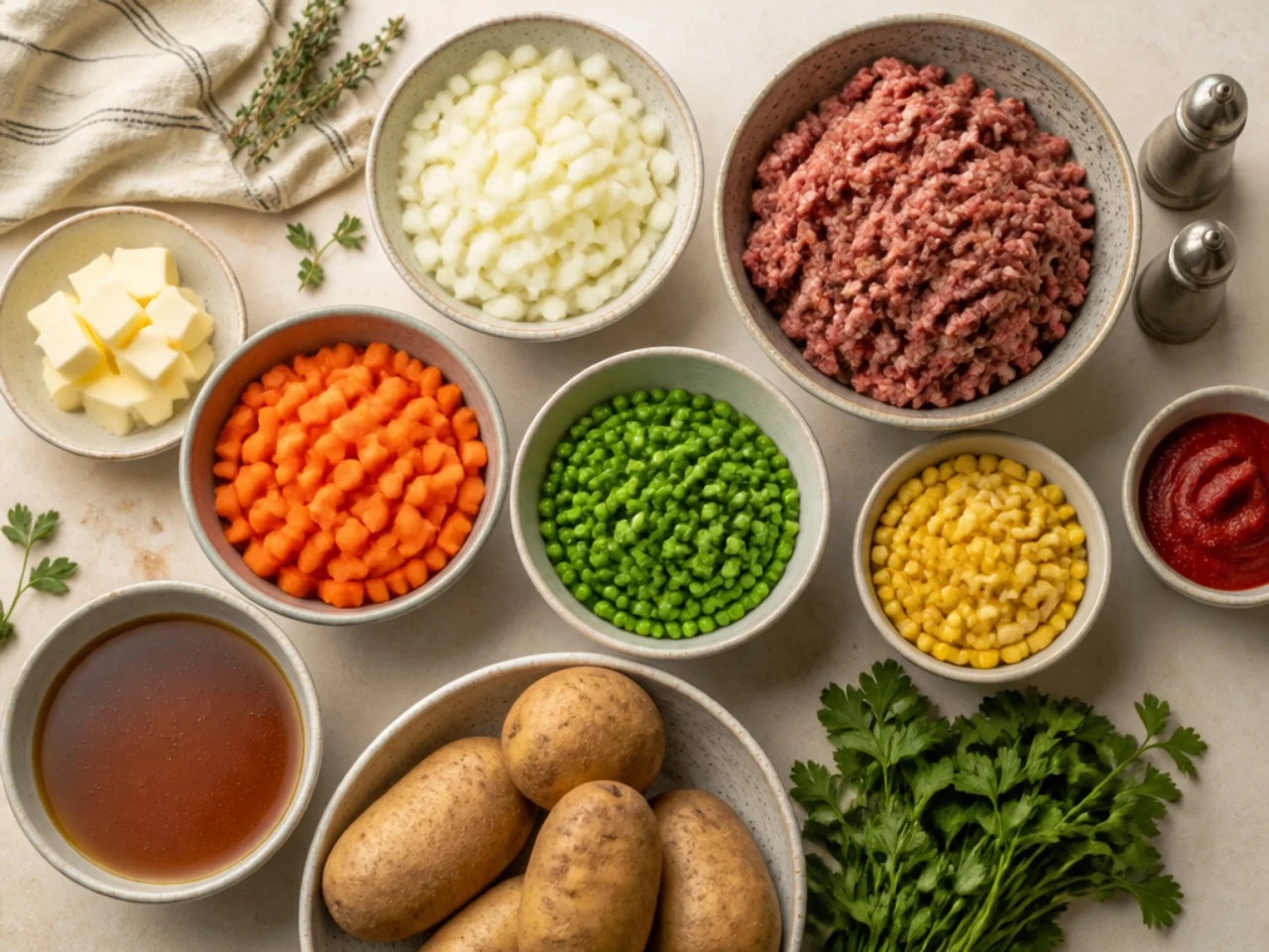 Fresh ingredients for shepherd's pie arranged in bowls
