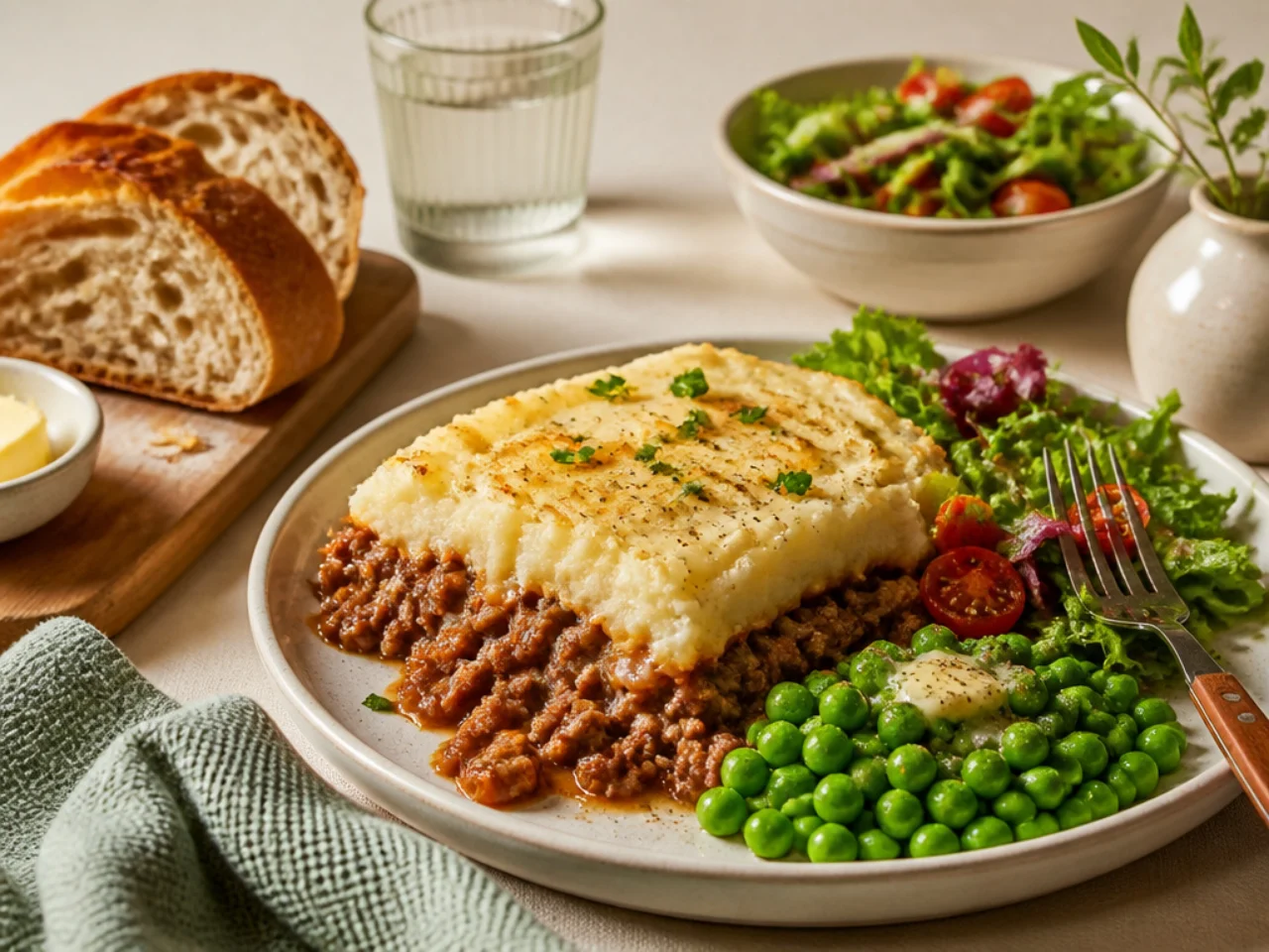 shepherd's pie served with crusty bread, buttered peas and a simple side salad