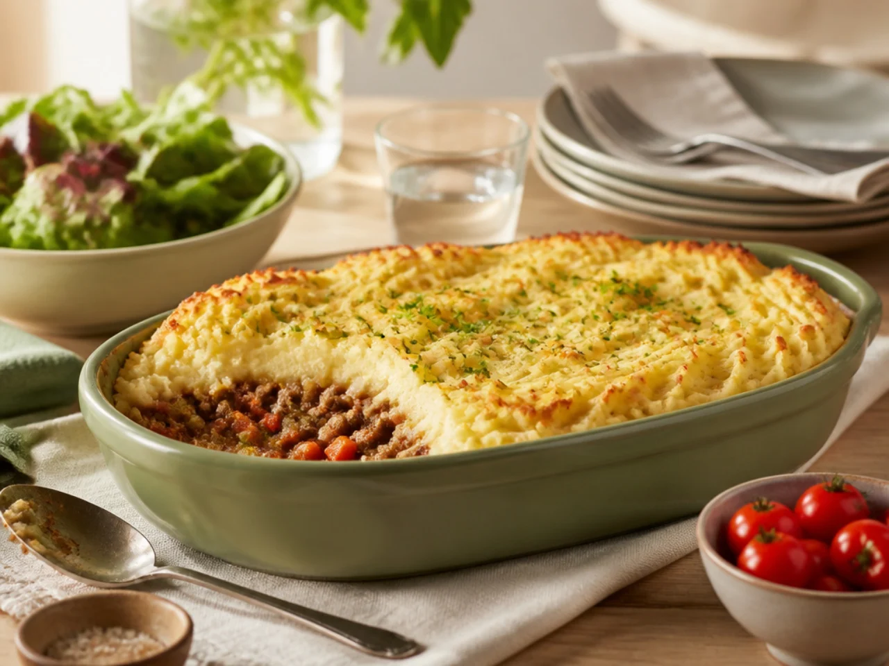 shepherd's pie served family-style on a cozy table