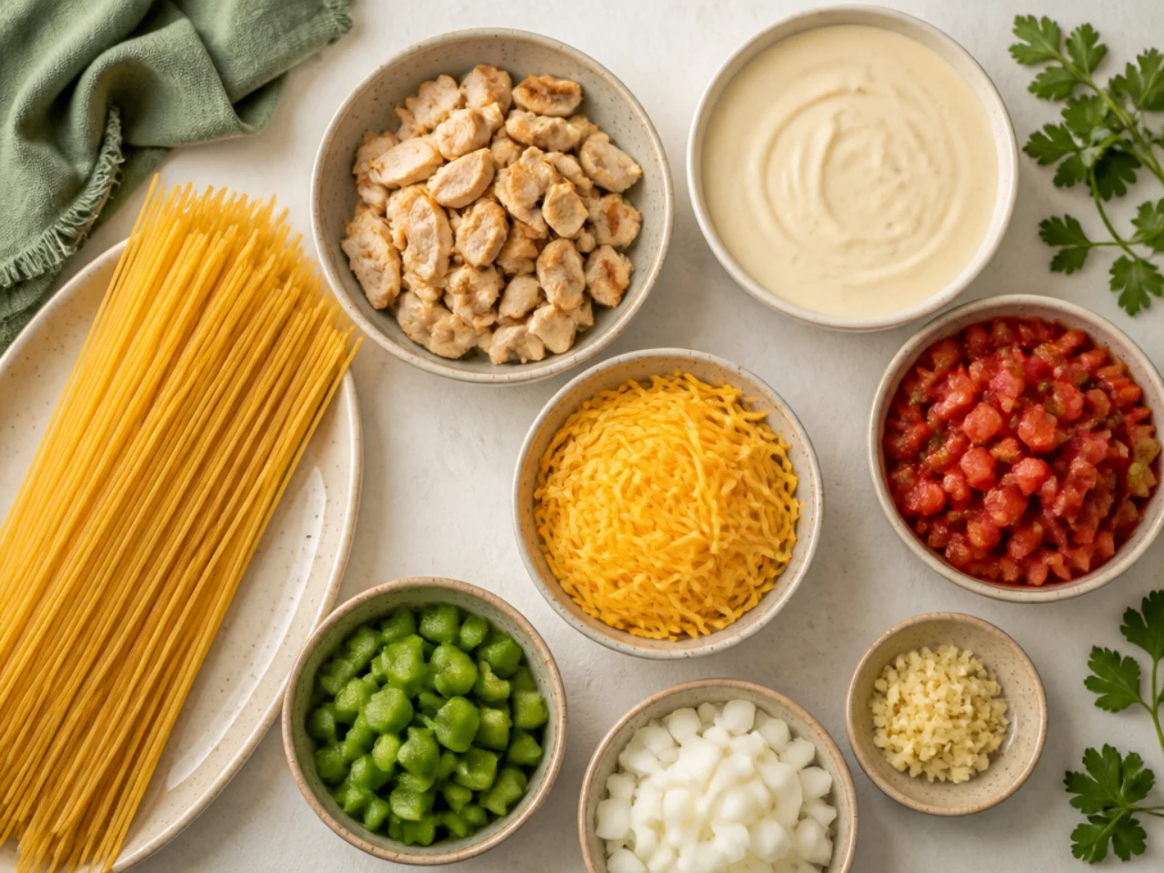 Fresh ingredients for chicken spaghetti arranged in bowls