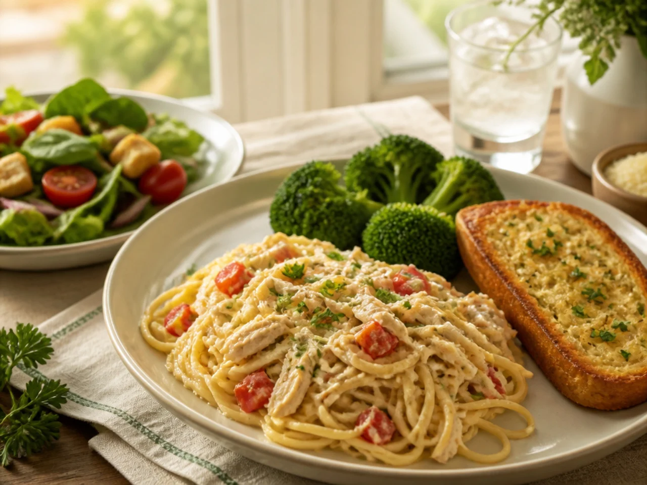 chicken spaghetti served with warm garlic bread, a green salad and steamed broccoli