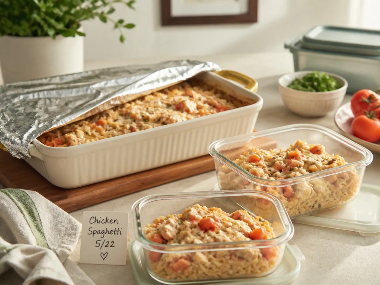 Make-ahead storage of chicken spaghetti in containers