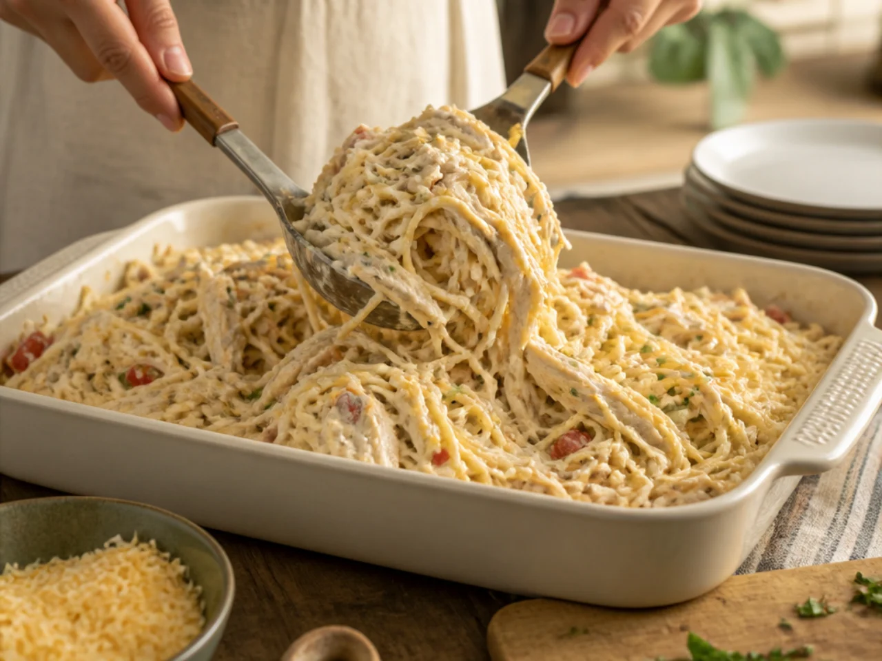 Step-by-step process shot for chicken spaghetti