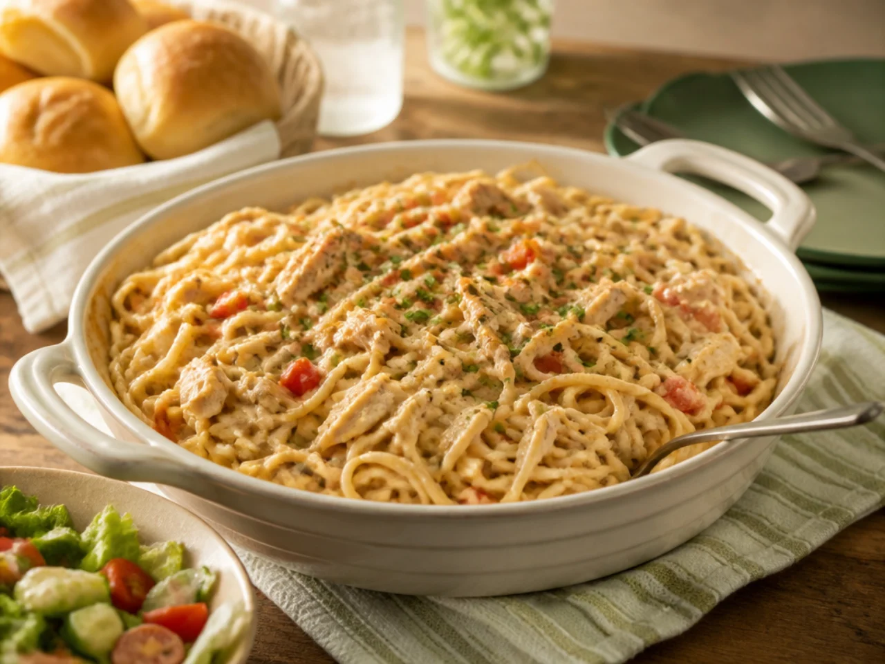 chicken spaghetti served family-style on a cozy table
