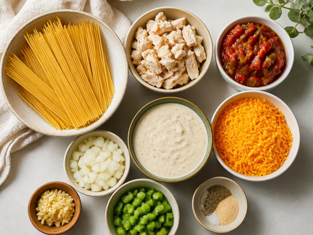 Fresh ingredients for chicken spaghetti arranged in bowls