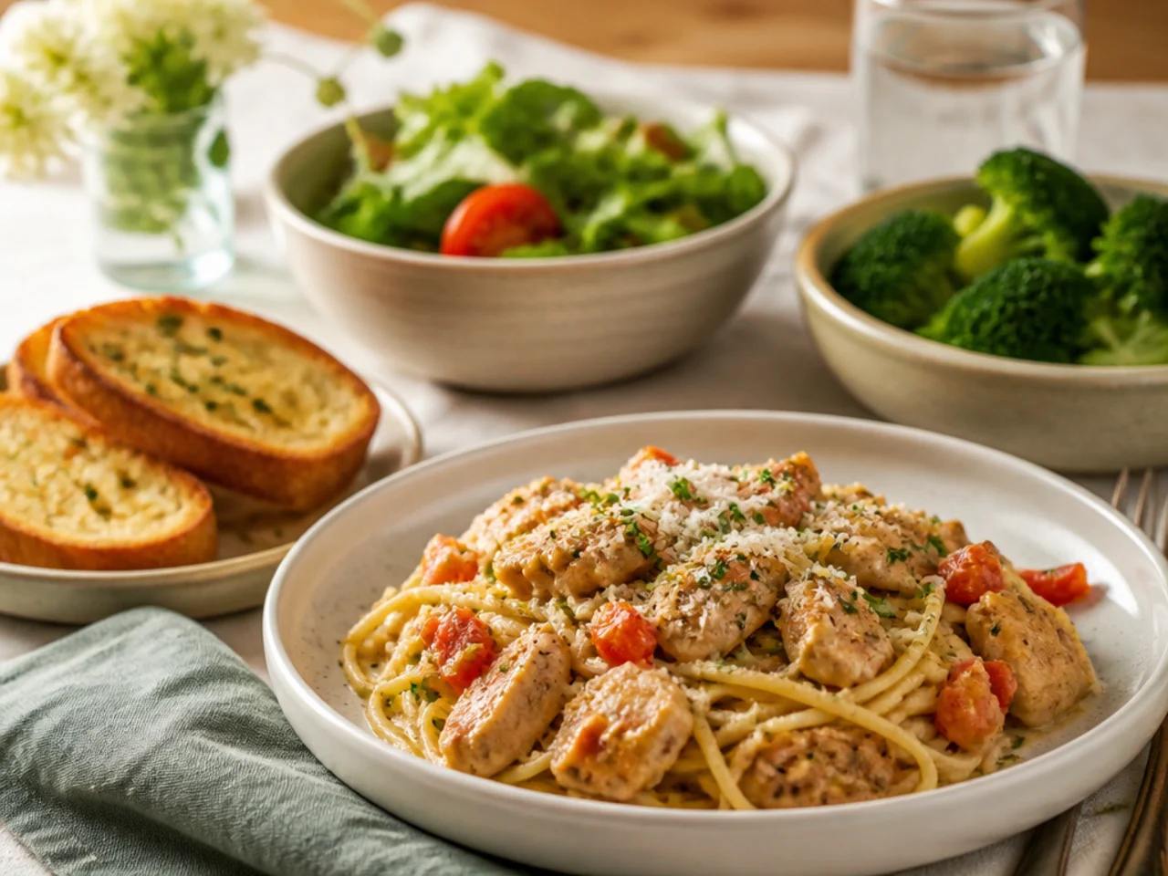 chicken spaghetti served with warm garlic bread, a green salad and steamed broccoli
