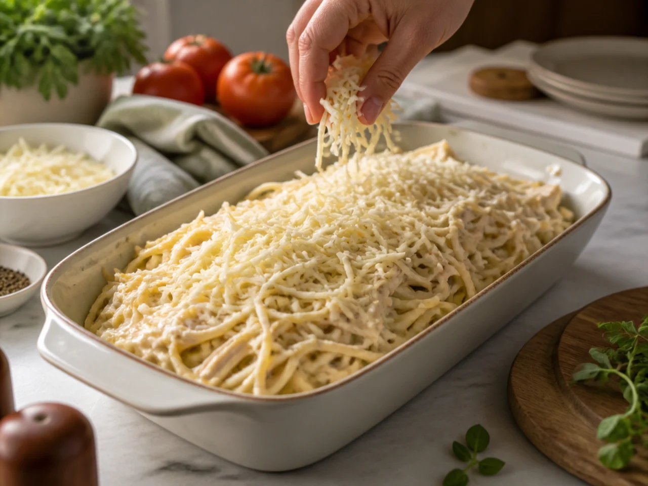 Step-by-step process shot for chicken spaghetti