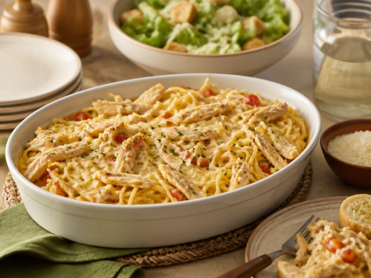 chicken spaghetti served family-style on a cozy table