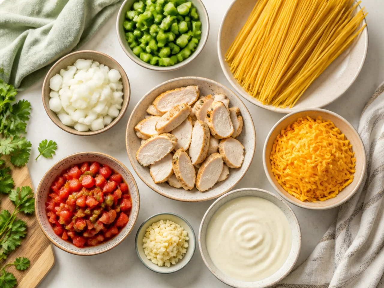 Fresh ingredients for chicken spaghetti arranged in bowls