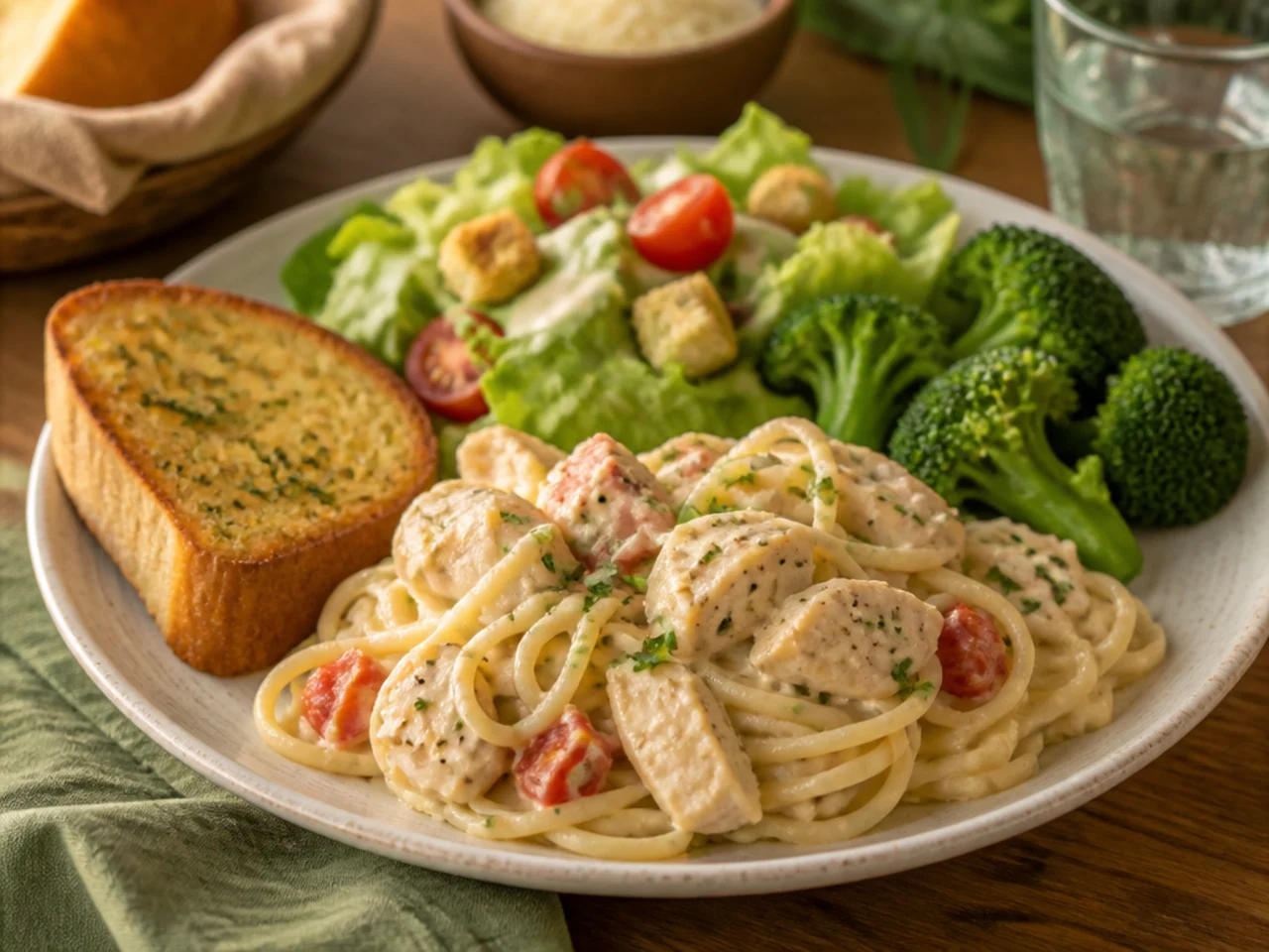 chicken spaghetti served with warm garlic bread, a green salad and steamed broccoli