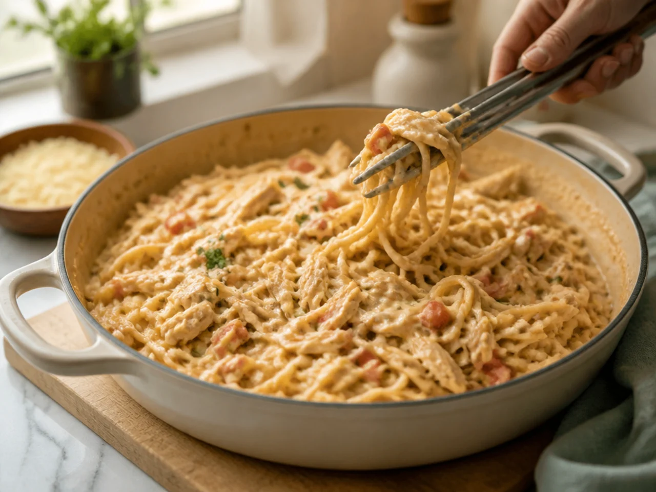 Step-by-step process shot for chicken spaghetti
