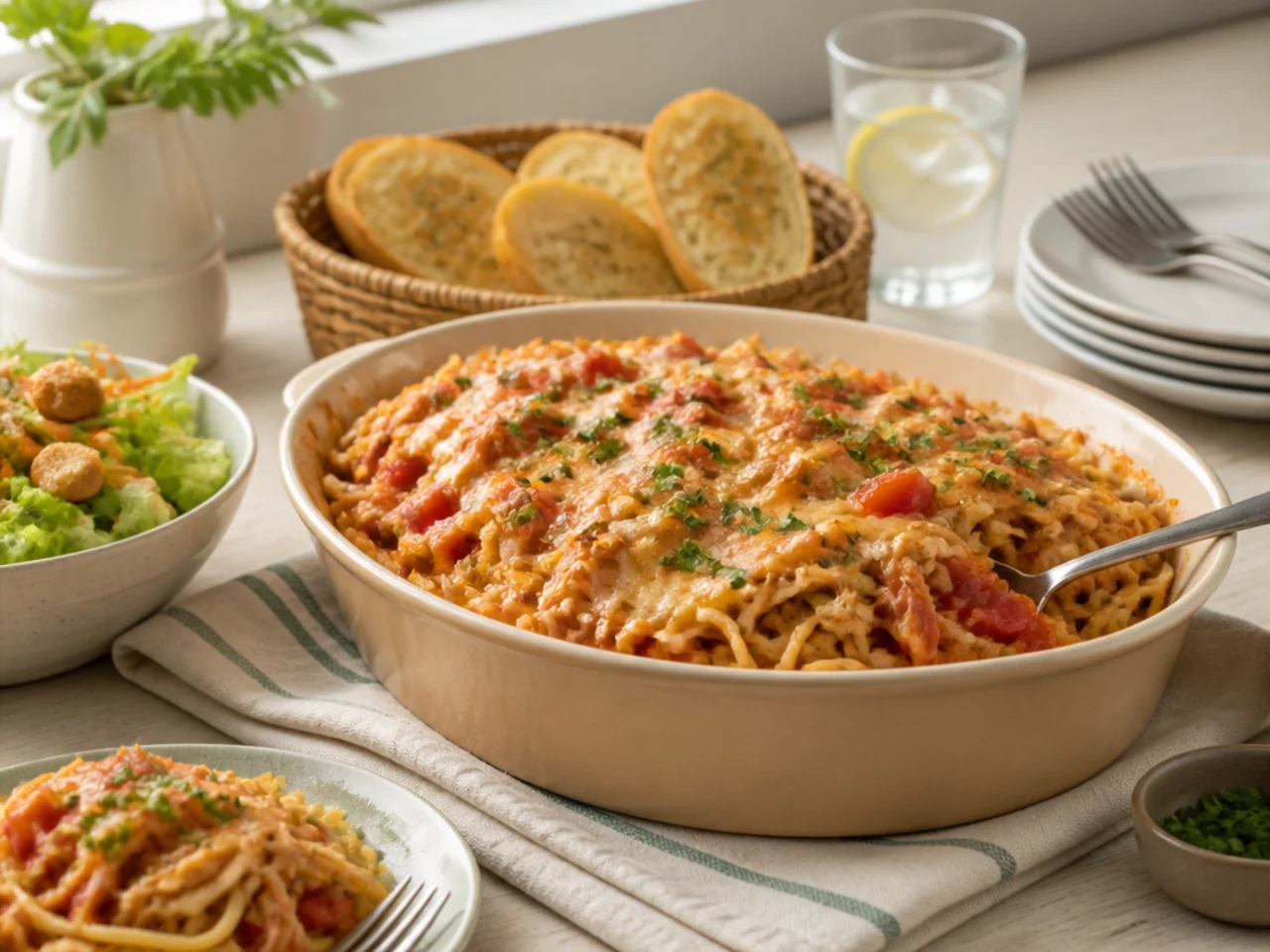 chicken spaghetti served family-style on a cozy table