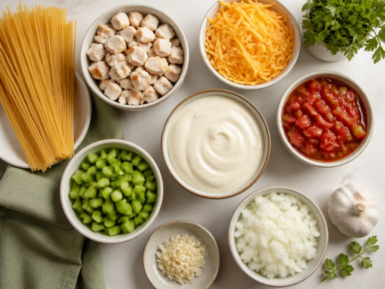 Fresh ingredients for chicken spaghetti arranged in bowls
