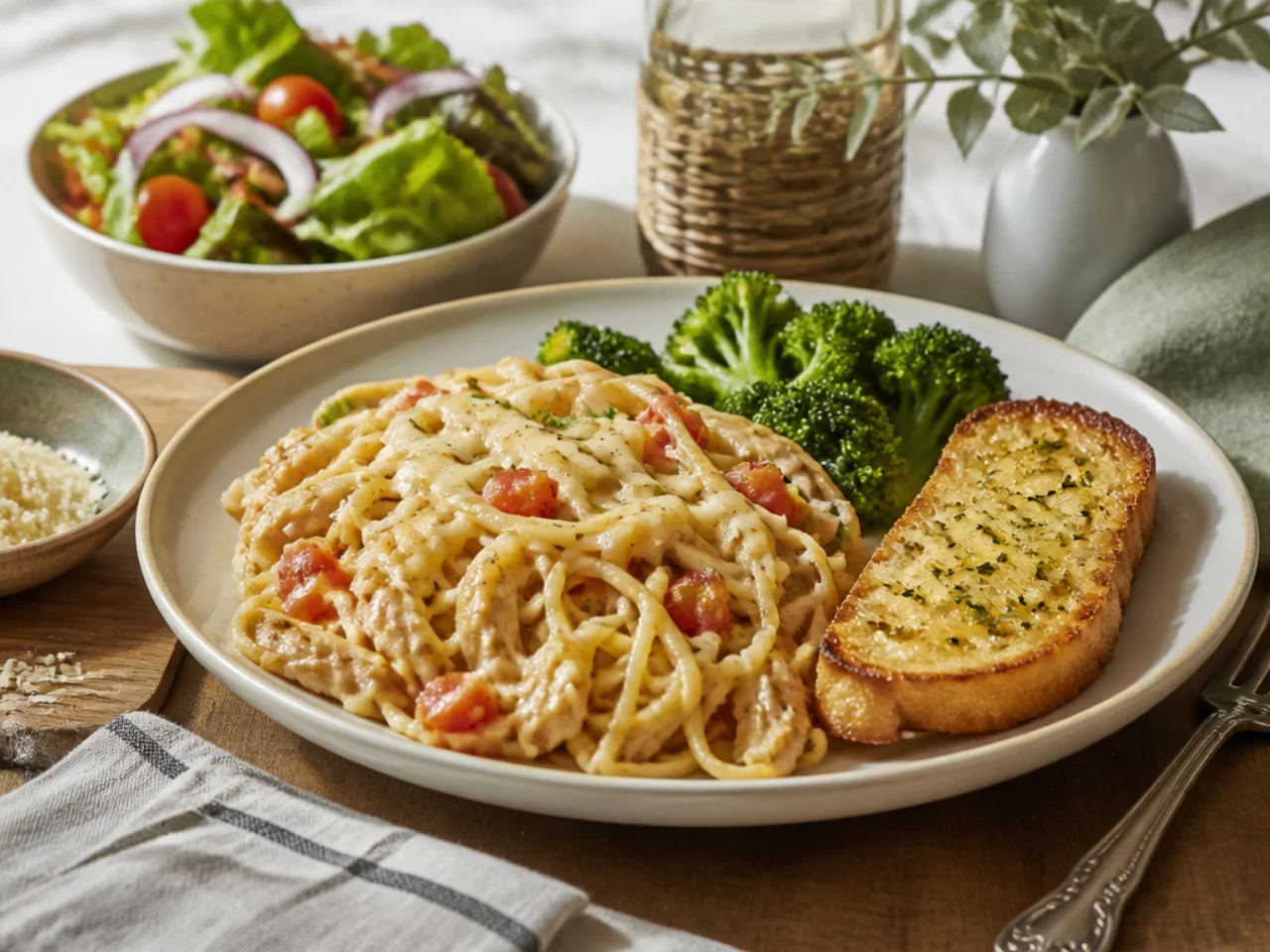 chicken spaghetti served with warm garlic bread, a green salad and steamed broccoli