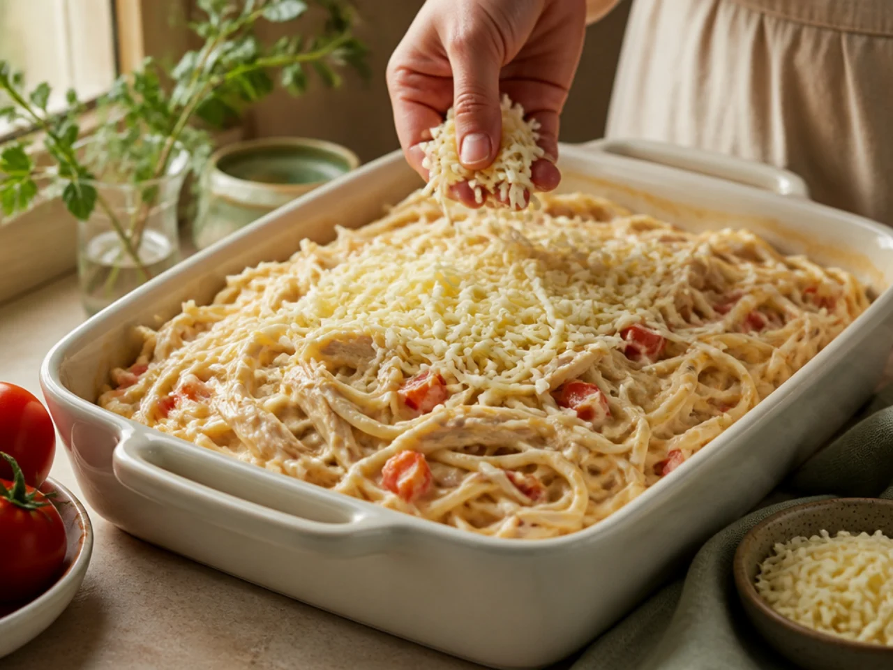 Step-by-step process shot for chicken spaghetti