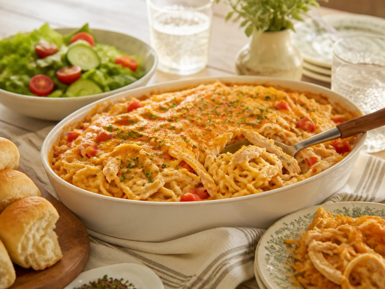 chicken spaghetti served family-style on a cozy table