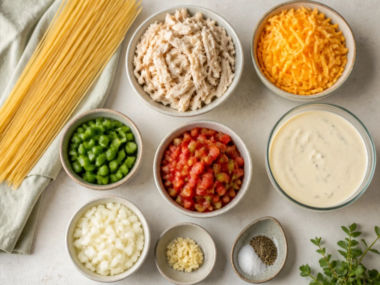 Fresh ingredients for chicken spaghetti arranged in bowls
