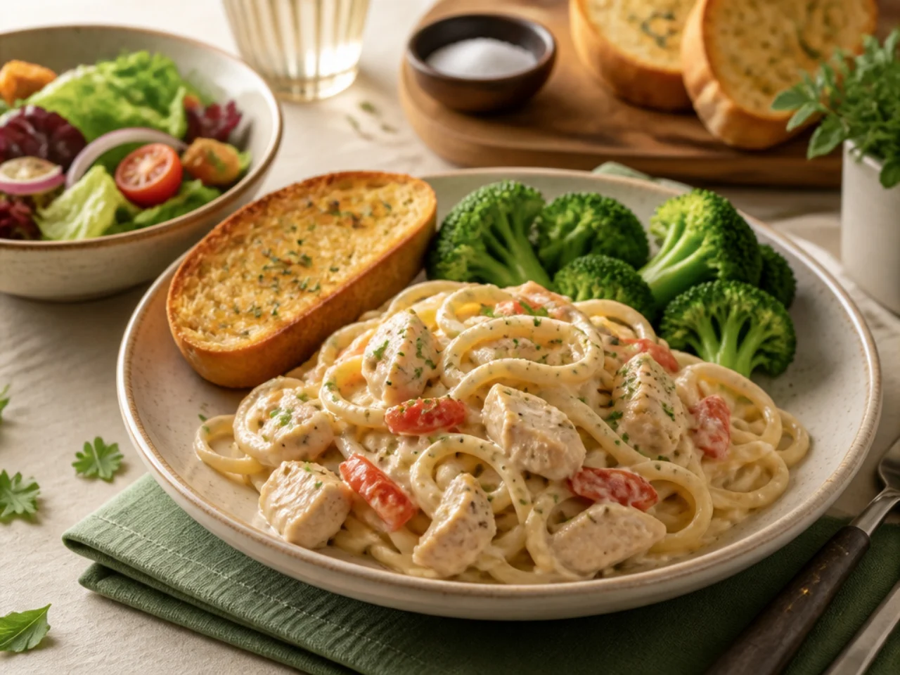 chicken spaghetti served with warm garlic bread, a green salad and steamed broccoli