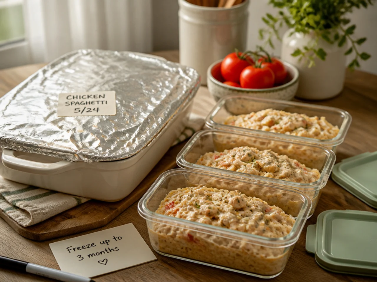 Make-ahead storage of chicken spaghetti in containers