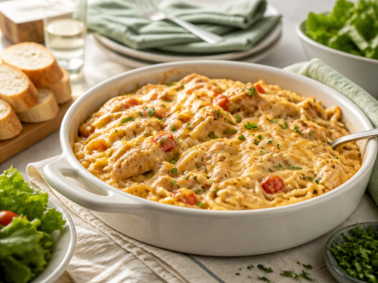 chicken spaghetti served family-style on a cozy table
