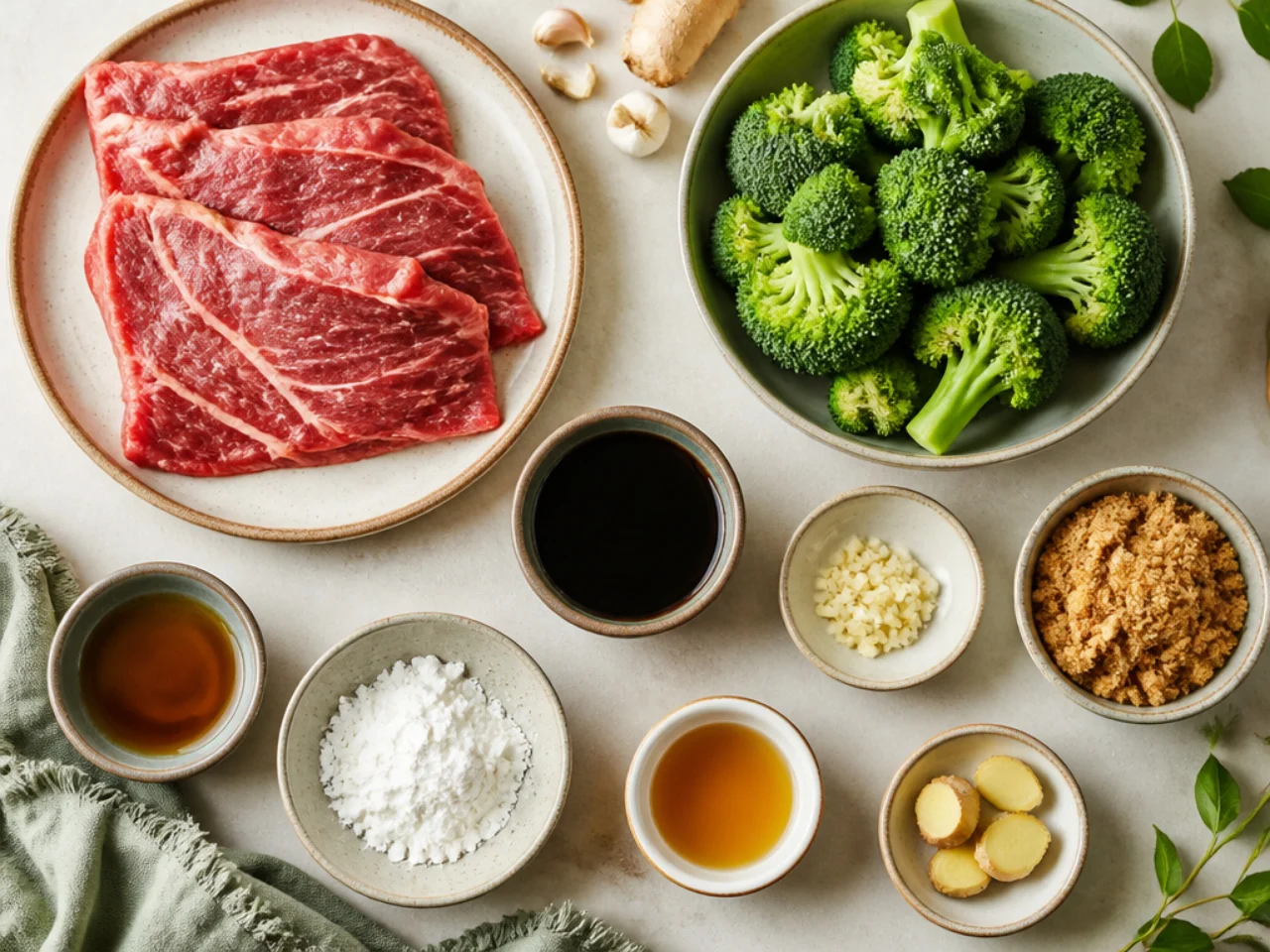 Fresh ingredients for beef and broccoli arranged in bowls