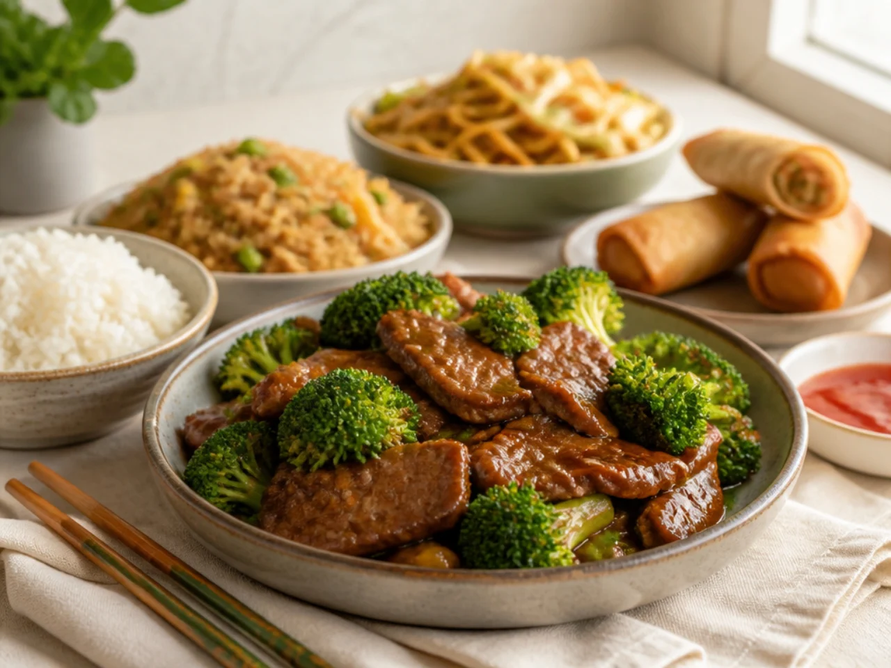 beef and broccoli served with steamed jasmine rice, fried rice, lo mein or egg rolls