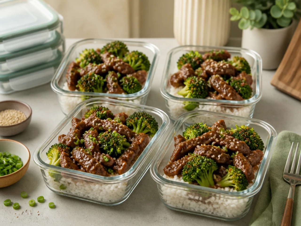 Make-ahead storage of beef and broccoli in containers