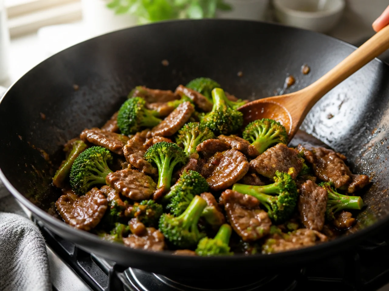 Step-by-step process shot for beef and broccoli