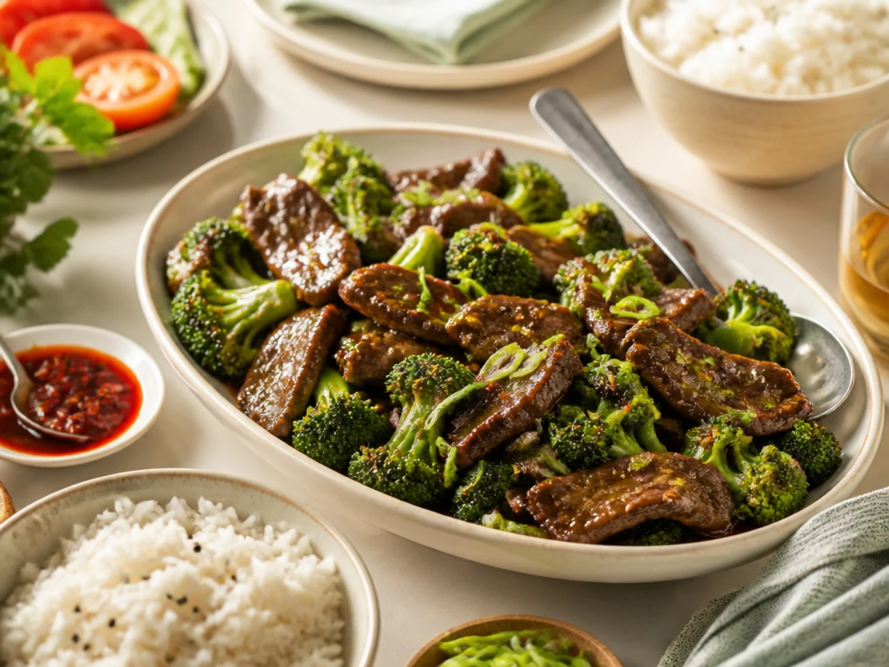 beef and broccoli served family-style on a cozy table
