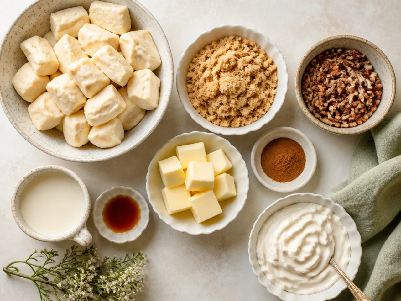 Fresh ingredients for monkey bread arranged in bowls